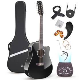 Allset 962613 12-string Acoustic Electric Guitar 42 Inch Cutaway With Gig Bag - Black