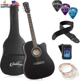 Ashthorpe 445034771770 41-inch Beginner Cutaway Acoustic Guitar Package Black Full Size Ba