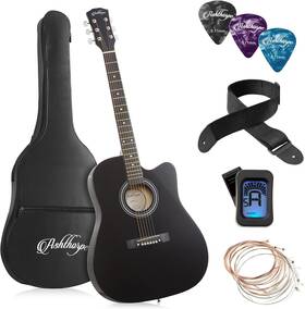 Ashthorpe 744110037739 41-inch Beginner Cutaway Acoustic Guitar Package Black Full Size Ba