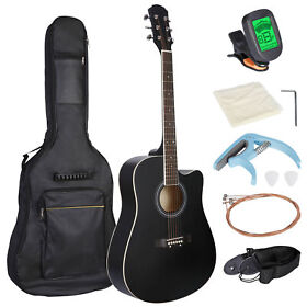 Y01-2493-1-g4 Black 41inch Full Size Beginner Acoustic Guitar With Case Strap Capo Strings Tuner