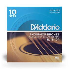 Ej16-10p Daddario Phosphor Bronze Acoustic Guitar Strings Light 12-53 10 Pack