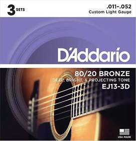 Ej13-3d Dfootaddario 80/20 Bronze Acoustic Guitar Strings Custom Light 3-pack