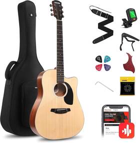 Ec6907 Donner D1 41 Inch Acoustic Guitar Cutaway Full Size With Bag Strap Glossy Natural