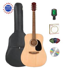 Fender 0971910021 Dreadnought Acoustic Guitar Bundle W Gig Bag Natural Tuner Strings Picks
