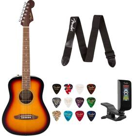 Fe0974101100k1 Fender Redondo Mini Sunburst Acoustic Guitar Bundle With Bag Strap Tuner Picks