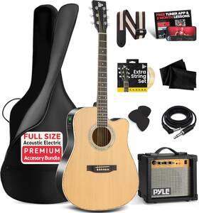 Pyle 313050052081 Cutaway Acoustic Electric Guitar And Amp Kit 4/4 Full Size Spruce Wood Bod