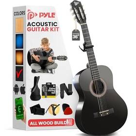Pyle 842893142654 3/4 Acoustic Guitar Kit 36 Inch Black Gloss With Bag Capo Strap And Strings