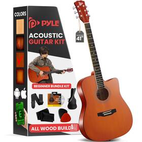 Pyle 842893162508 41 Inch Brown Glossy Cutaway Acoustic Guitar Beginner Set With Accessories
