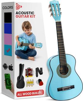 Pyle 842893191140 30-inch Beginner Acoustic Guitar Kit - Light Blue Open Box