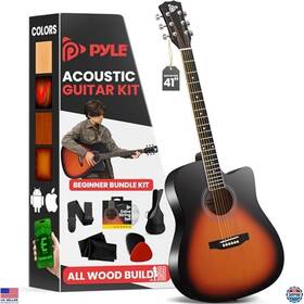 B0ctn3flzt Pyle Full Size 41 Inch Acoustic Guitar Kit Cutaway All-wood With Accessories And Gig Bag