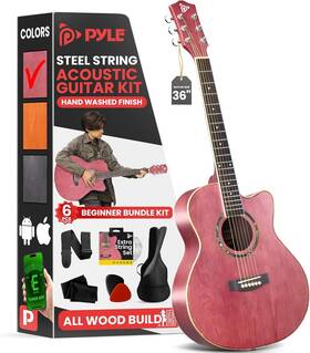 Pga550capu.x9 Pyle 36 Inch Acoustic Guitar Kit 3/4 Junior Size For Beginner Deep Ruby