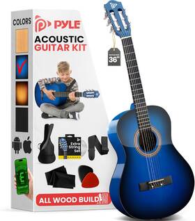 Pgacls82blu.7 Pyle Beginner Acoustic Guitar Kit 3/4 Junior Size All Wood Instrument For Kids