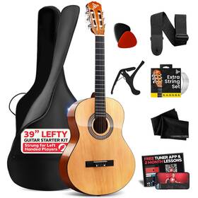 Pgacms90lft.5 Pyle Left Handed Beginner Acoustic Guitar Kit 4/4 Full 39 Inch Natural Gloss