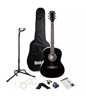 Rock Jam Ag-1bk-sk Black Acoustic Guitar Kit With Tuner Bag And Stand Full