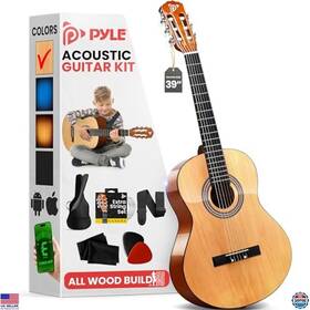 B0cb71svpv Stanley Beginner Acoustic Guitar Kit 39 Inch Full Size All Wood Natural Gloss For Adults