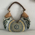 Vintage Cole Haan Sierra Embroidery Crescent Shoulder Bag Natural Leather Trim. Fixed Price $65.00.